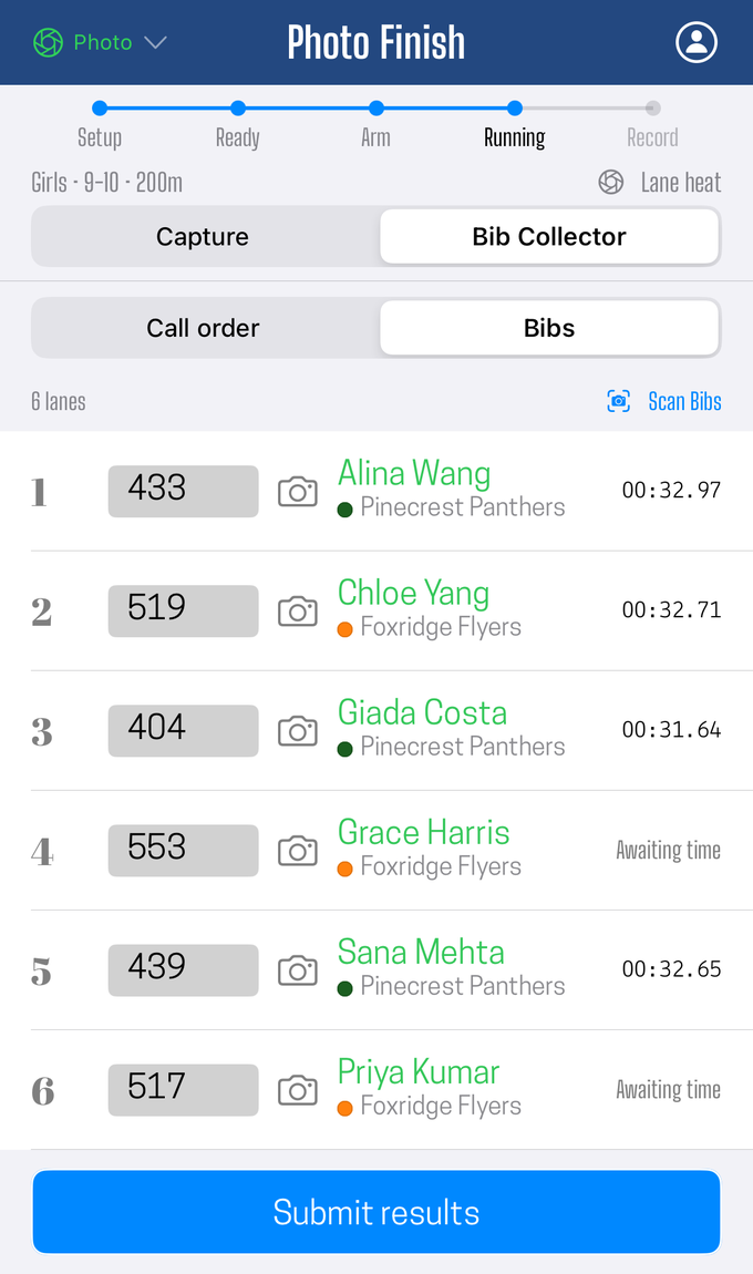 Once timing ends the collector moves on to bibs, one row per lane