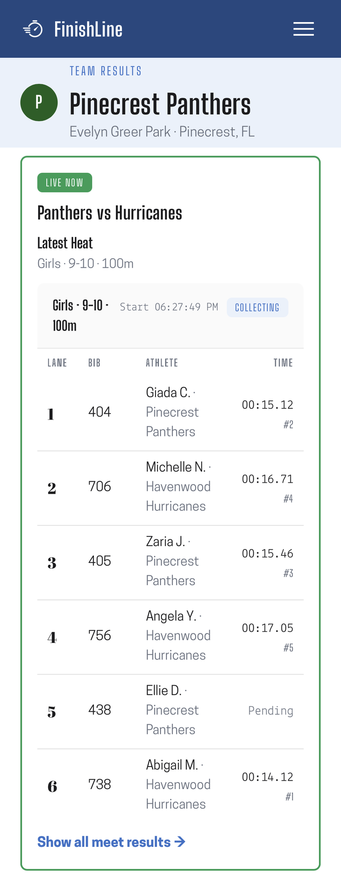 The live heat on a phone browser, filling in row by row with initials only