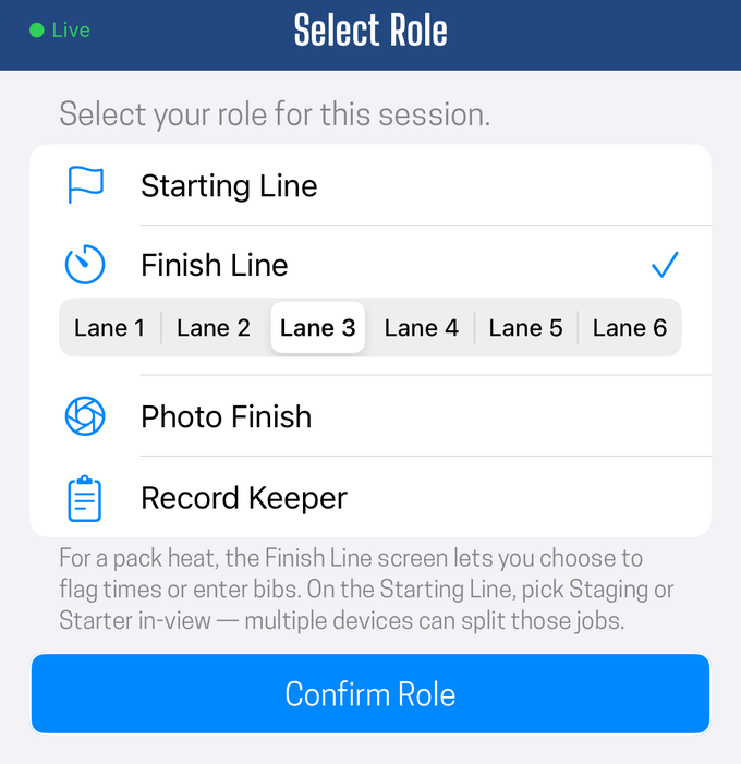 A device picks its role as it joins, and a finish timer picks its lane at the same time