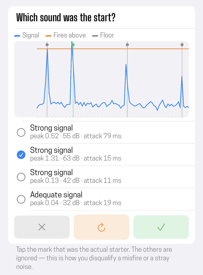 Calibration shows every onset it heard, and you tap the one that was the gun