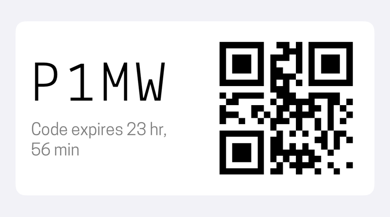 Your join code, as four characters to type or a square to scan