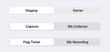 The same selector on all three screens: Starting Line, Photo Finish, and the pack finish screen