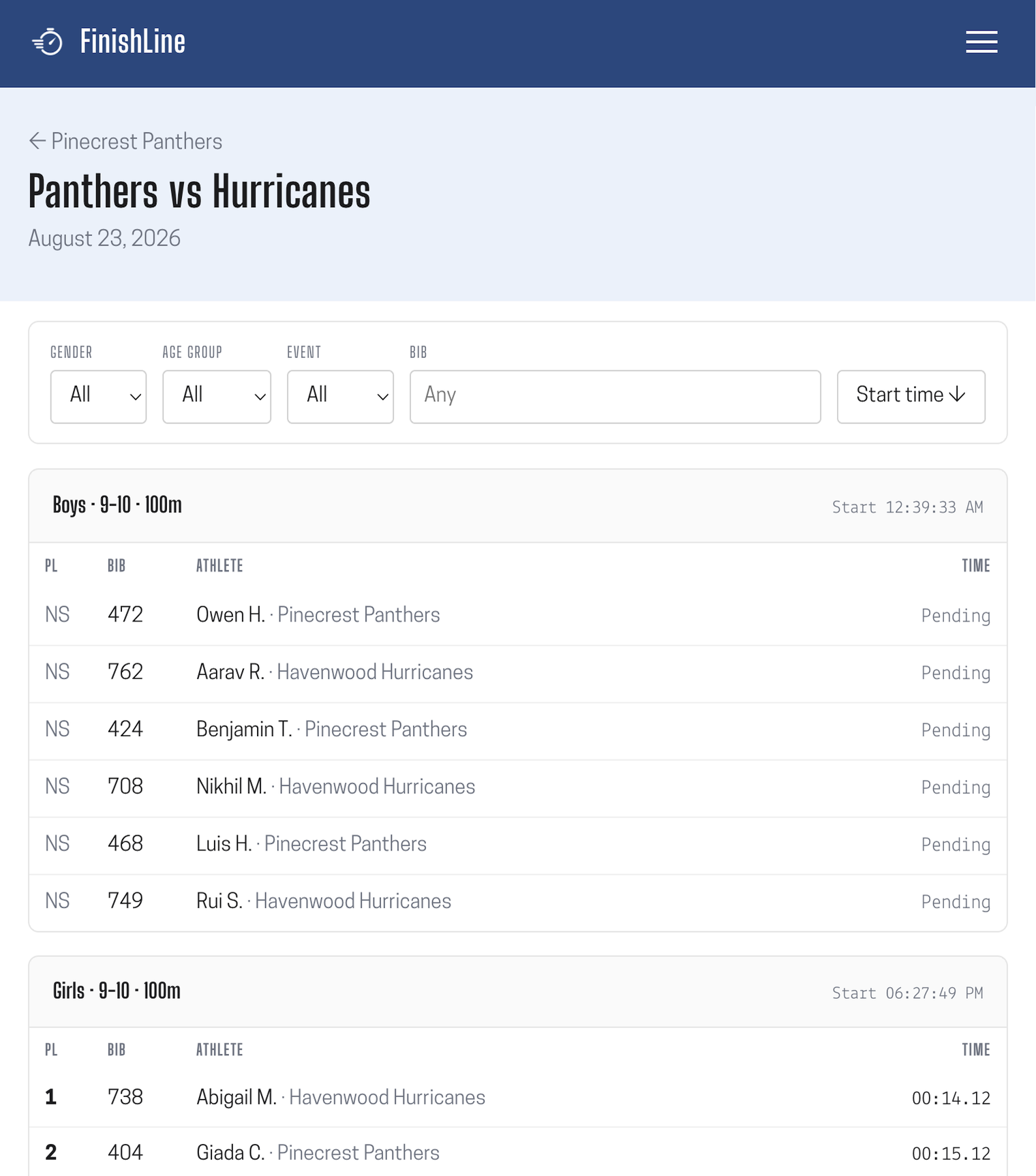The same address after the meet, on a desktop browser: every heat with its places and times