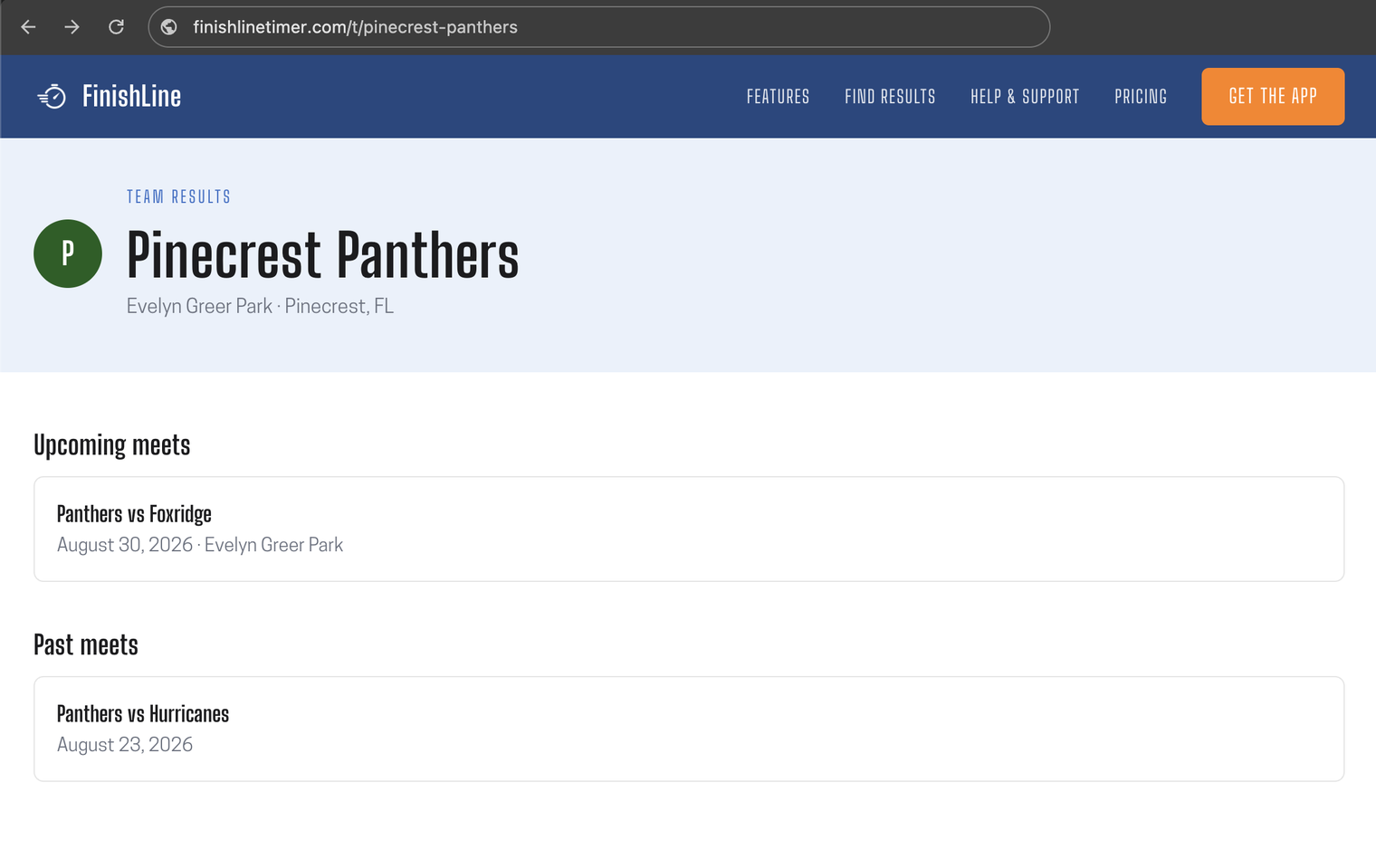 The team's public page on a desktop browser, at the address you hand out once a season
